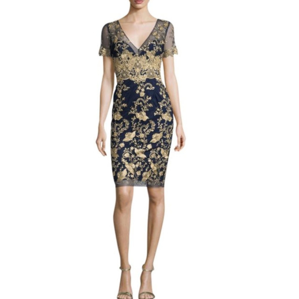 Navy Gold Short-sleeve Embroidered Tulle Cocktail